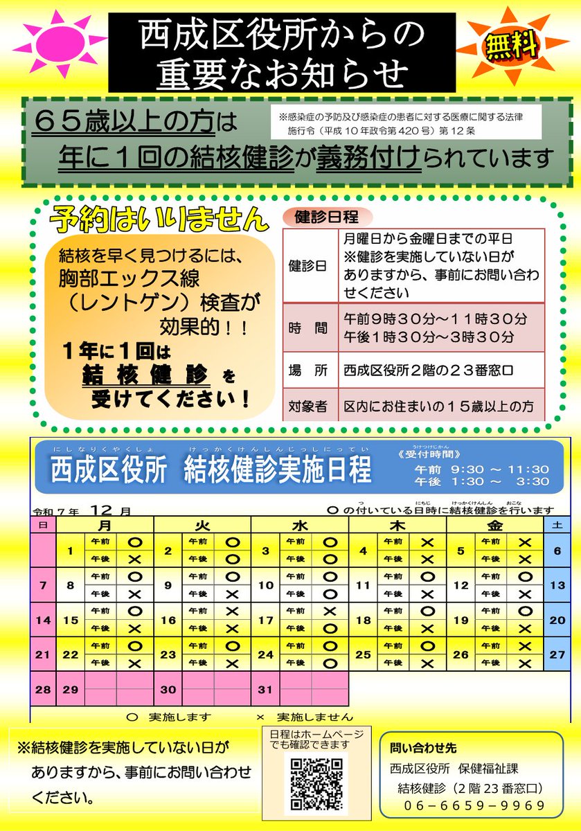 nishinarikucho's tweet image. 【結核健診を受けましょう】
結核対策担当です。
西成区は結核を発症する方が大阪市内で一番多くなっています。
区役所２階23番窓口または、保健福祉センター分館３階では、15歳以上の区民の方に無料、予約不要、15分程度で健診を実施しています。
＃西成区　＃結核　＃健診　＃利用無料　＃早期発見