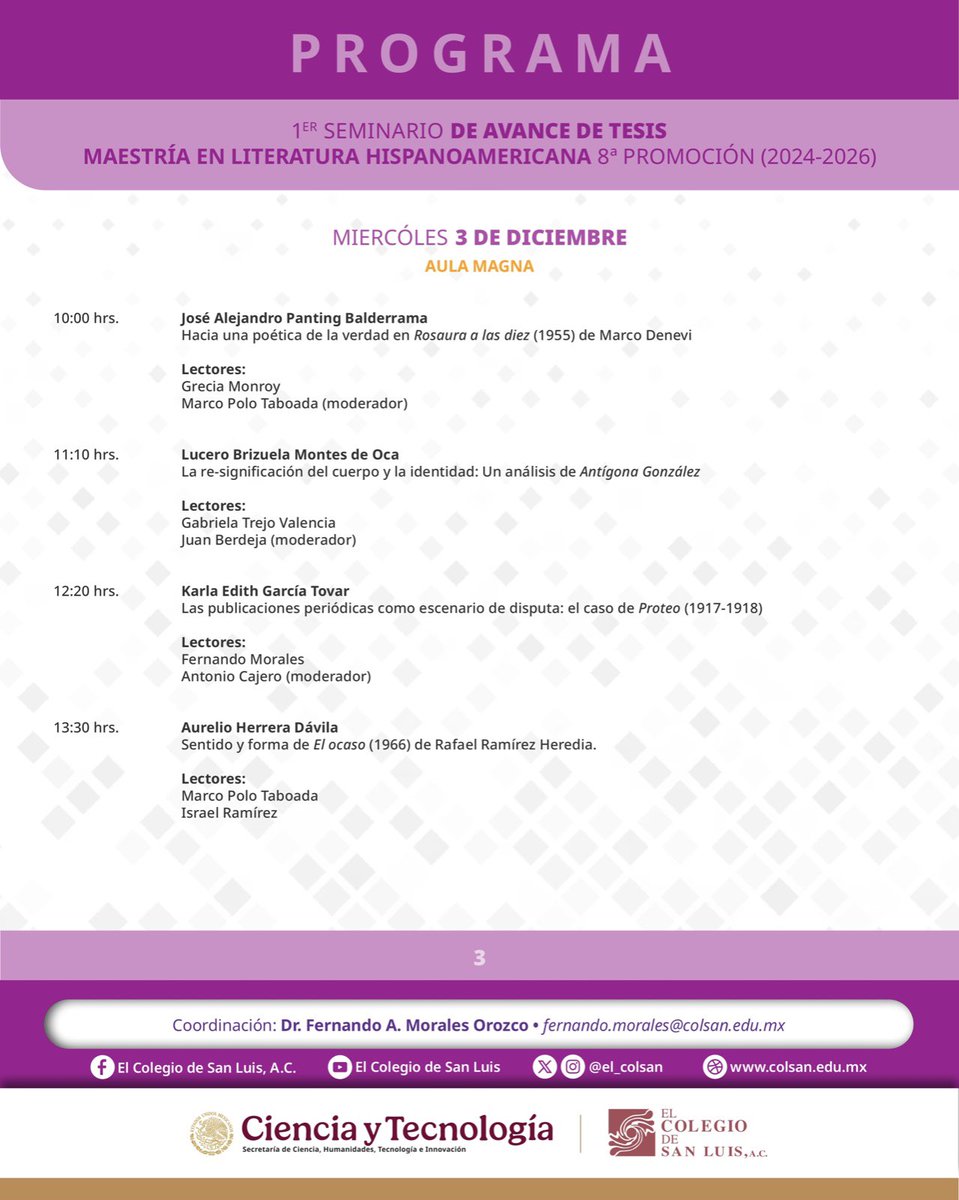 el_colsan's tweet photo. 📚🔥 Del 1 al 3 de diciembre, de 9:00 a 13:45 h, se realiza el 1er Seminario de Avance de Tesis de la MLH en la Sala de Videoconferencias I y el Aula Magna.
Ideas frescas, análisis profundos y nuevas voces literarias.
¡La literatura está en movimiento! https://t.co/hHZwOm781E