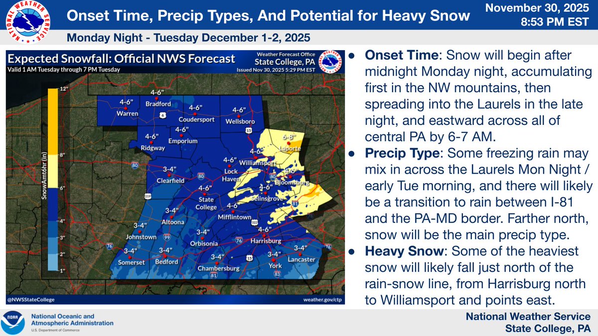 NWSStateCollege's tweet photo. Lake effect snow will fall in NW PA tonight, with 1-3" for Warren County. More widespread snow is expected Mon Night - Tue, as well as some mixed precip in the Laurels &amp; South of I-81. The highest chance for 6" of snow is east of I-99 and esp from Harrisburg/Williamsport east. https://t.co/hJ82PClkkq