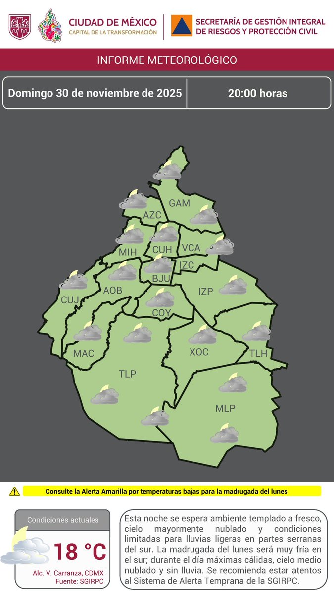 SGIRPC_CDMX's tweet image. Esta noche en la Ciudad de México, se espera ambiente #templado a #fresco y cielo mayormente #nublado. 

🌡️ #Temperatura actual: 18 °C. 

La madrugada será muy fría en el sur de la ciudad.

Mantente informado. #PronósticoDelTiempo #LaPrevenciónEsNuestraFuerza