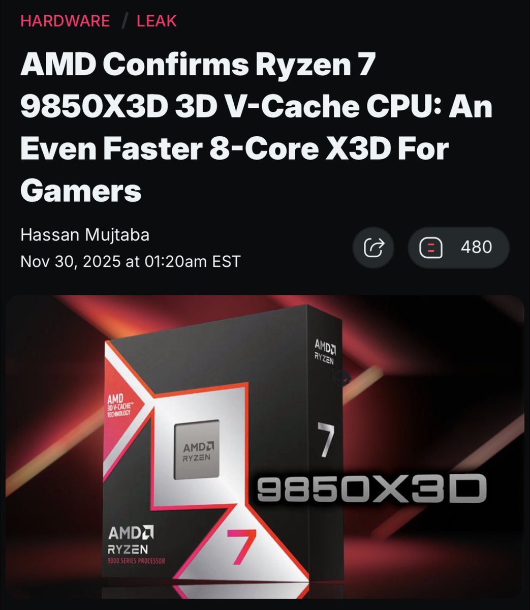 AMD's Ryzen 7 9850X3D CPU has been confirmed by the chipmaker itself, which means that we are indeed getting a faster 3D V-Cache chip &amp; the new Ryzen 9 9950X3Dx2. 2026 is gonna rip for gaming!