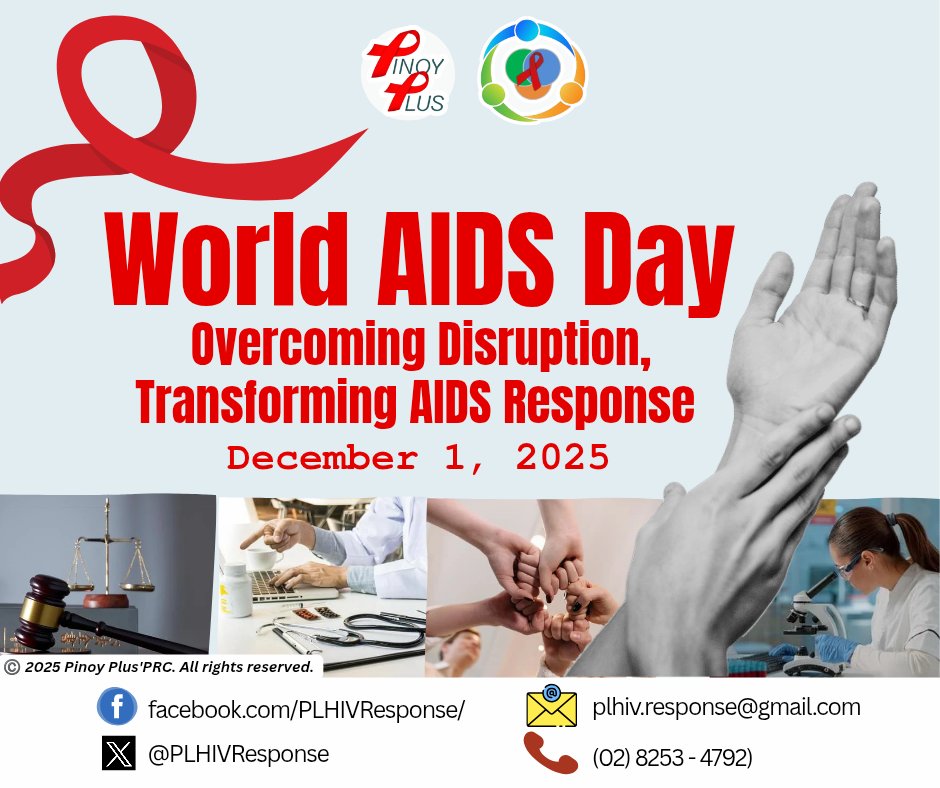 PLHIVResponse's tweet photo. Magandang Araw! 
Ngayong World AIDS Day 🩸, yakapin natin ang makapangyarihang tema: "Overcoming Disruption ⛓️‍💥, Transforming the AIDS Response" 

Ito ay isang pagkilala na sa kabila ng mga pagsubok at balakid, ang ating kolektibong lakas at dedikasyon ay hindi matitinag. 💪 Hindi lang tayo bumabangon mula sa mga sitwasyon; aktibo nating binabago ang laban kontra HIV. 🤲

Pagtagumpayan sa pamamagitan ng paggiba sa landas ng HIV Stigma, Diskriminasyon, at Takot na naghihiwalay sa maayos na pakikipag kapwa. Kailangan nating tiyakin na ang mga pag-unlad na nagagawa ng HIV Services, Medisina o Anti-Retroviral Therapy, Community Support at  HIV Awareness ay umabot sa bawat komunidad, anuman ang sitwasyon. 🙌

Sa patuloy na pagtataguyod ng pantay na access sa paggamot, HIV Testing, pagpapalakas ng mga inisyatibo sa pagsubok, Pag-boses sa ating karapatan under RA:11166 Philippine HIV and AIDS Policy Act at pagpapatibay ng diwa ng bukas na talakayan at malawak na pag-unawa.  

Ang iyong suporta, ang iyong boses, at ang iyong dedikasyon ay ang magsisilbing lakas para sa pagbabagong ito. 🫂 Tayo ay sumusulong, hindi lang upang pamahalaan ang epidemya, kundi upang tuldukan ito.

Pinoy Plus PLHIV Response Center: Nandito Kami Para sa iyong ligtas na espasyo (safe space platform) upang magtanong at lumapit para sa iyong mga tiyak na pangangailangan, naaayon sa aming serbisyo. (Referral for Legal Services, Mental Health Services, Health Services, etc) 

Hindi ka nag-iisa at nandito kami handang makinig at gabayan ka. 🤗  Makipag-ugnayan sa amin ngayon. 📲

#PinoyPlusPRC #PRCSupport #WorldAIDSDay #OvercomingDisruptionTransformingAIDSResponse
