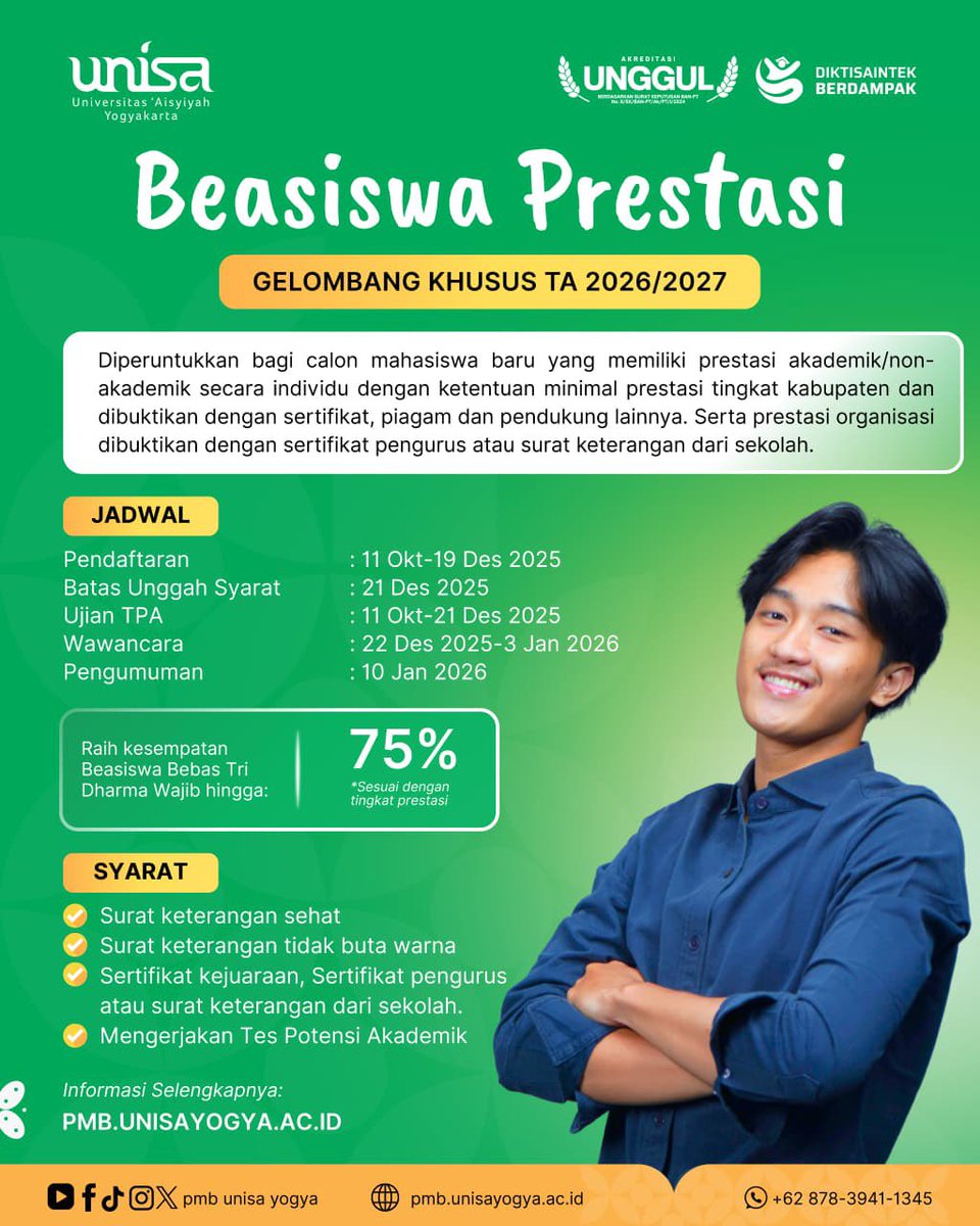 Beasiswa apa yang bikin masa depan semakin dekat?
✨ Beasiswa Prestasi Unisa Yogyakarta
Ayo kirimkan prestasimu dan ambil kesempatan terbaik tahun ini 

#unisayogya #beasiswa #mahasiswa