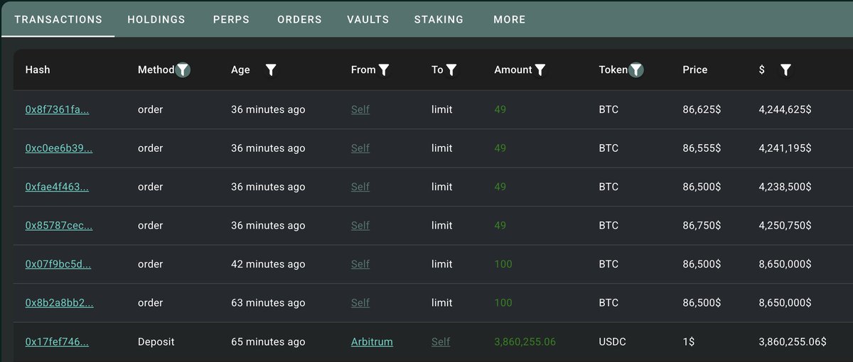 Screenshot of wallet transactions on Hyperliquid showing USDC deposit and BTC long orders