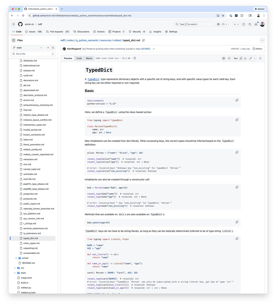 charliermarsh's tweet image. The ty test suite is &quot;written&quot; in Markdown. Every code block here gets evaluated, with the comments representing expectations.

We have almost 300 of these files that effectively read as detailed documentation for how ty behaves and how the Python typing spec and runtime work.