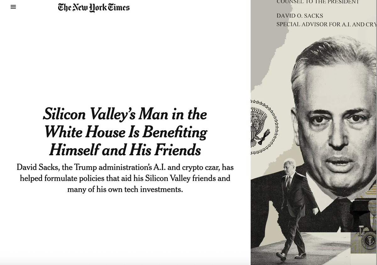 antoniogm's tweet image. The NYT lines up the usual passel of tech journos, runs the 2018 hit piece playbook, and only manages to make @DavidSacks look like the perfect man for the job.

Finally, someone running AI and crypto...who actually knows about the business of AI and crypto.