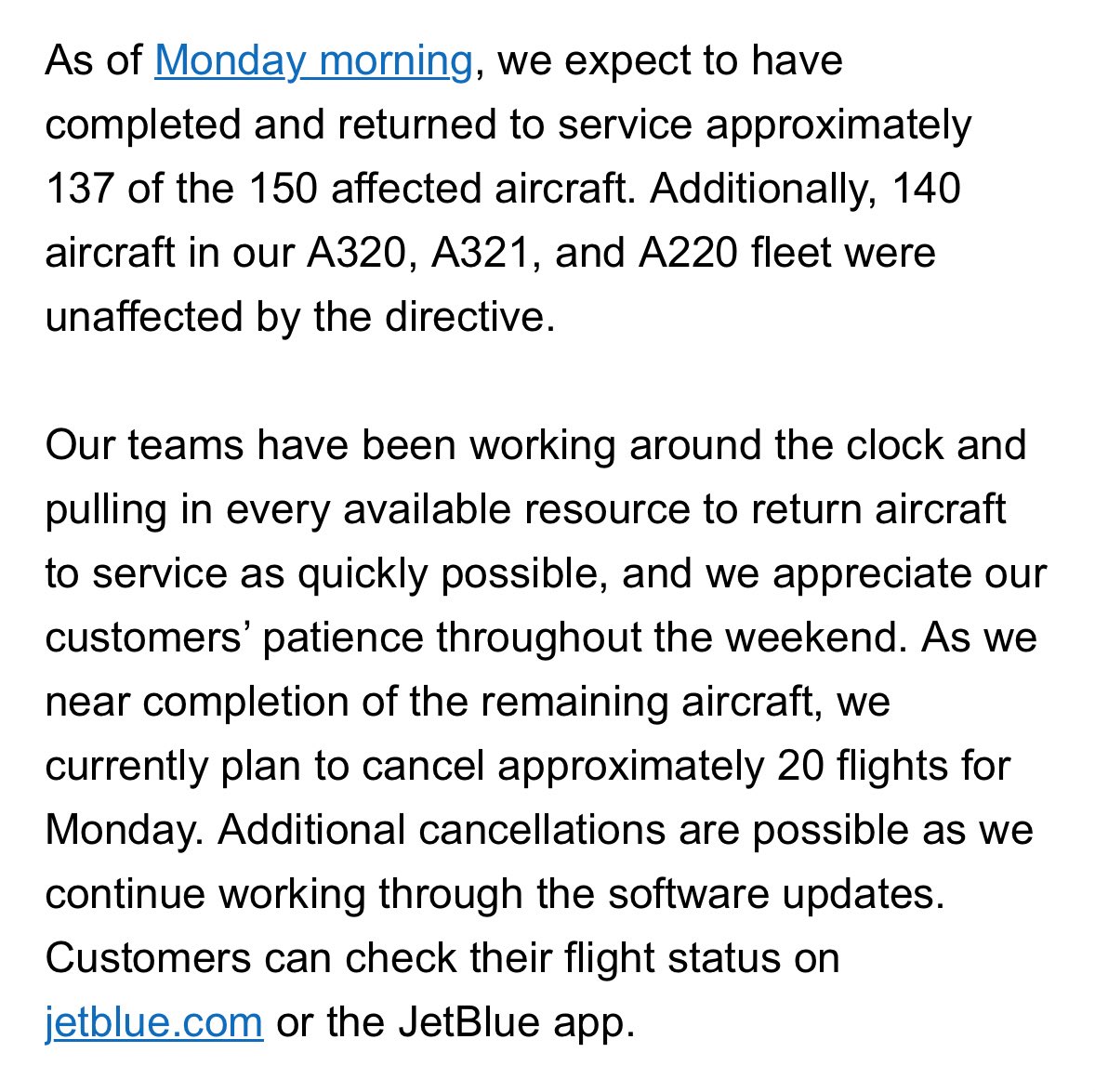 davidshepardson's tweet photo. .@JetBlue plans to cancel 20 flights for Monday as it continues to work through A320 issue https://t.co/qFEehPaKTA