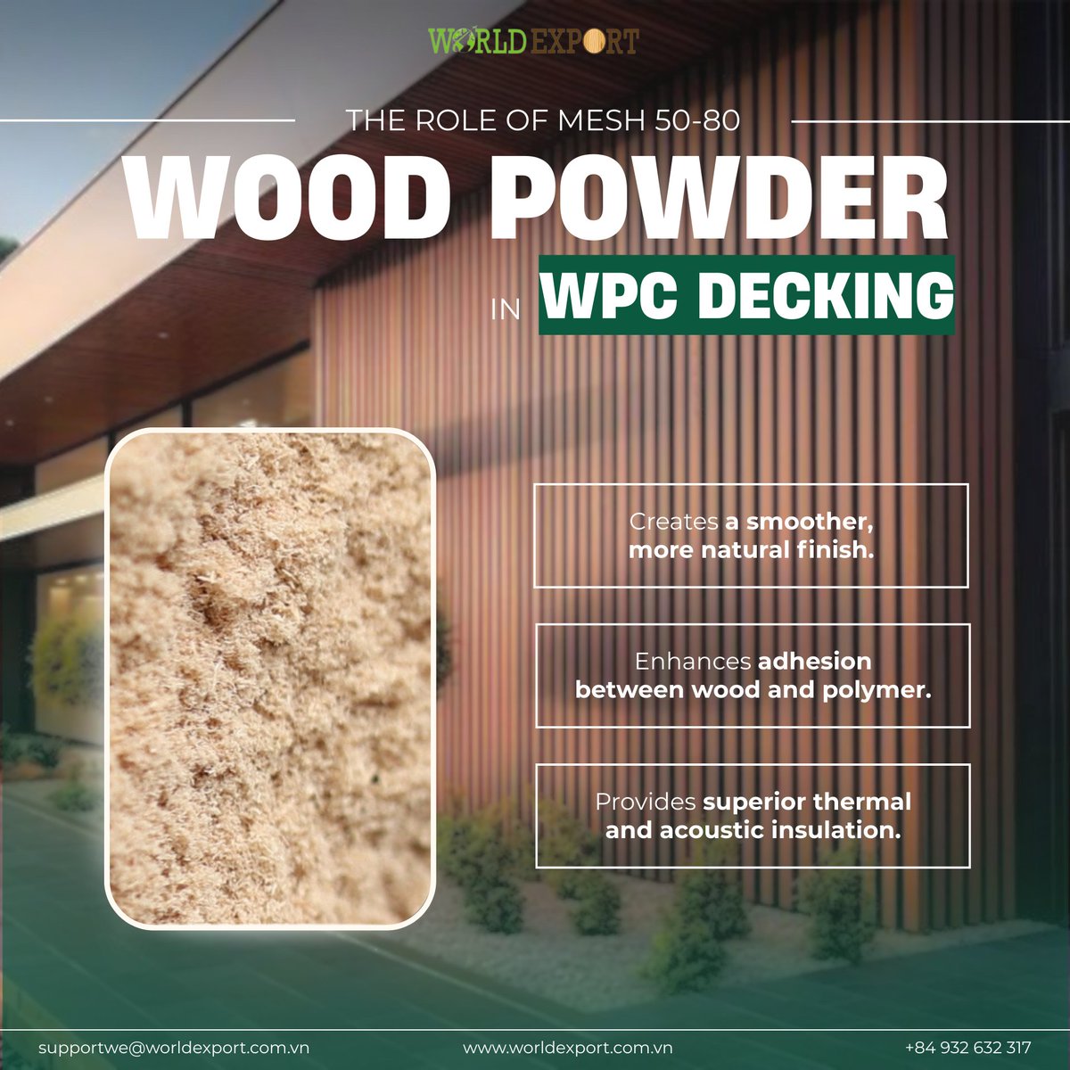WorldExport_VN's tweet image. Wood powder mesh 50-80 is essential for high-quality WPC Decking-ensuring strong polymer bonding, smoother surfaces. It boosts strength, impact resistance, and thermal stability. We deliver natural wood powder for long-lasting, termite-resistant WPC
#WorldExport #WoodPowder #WPC