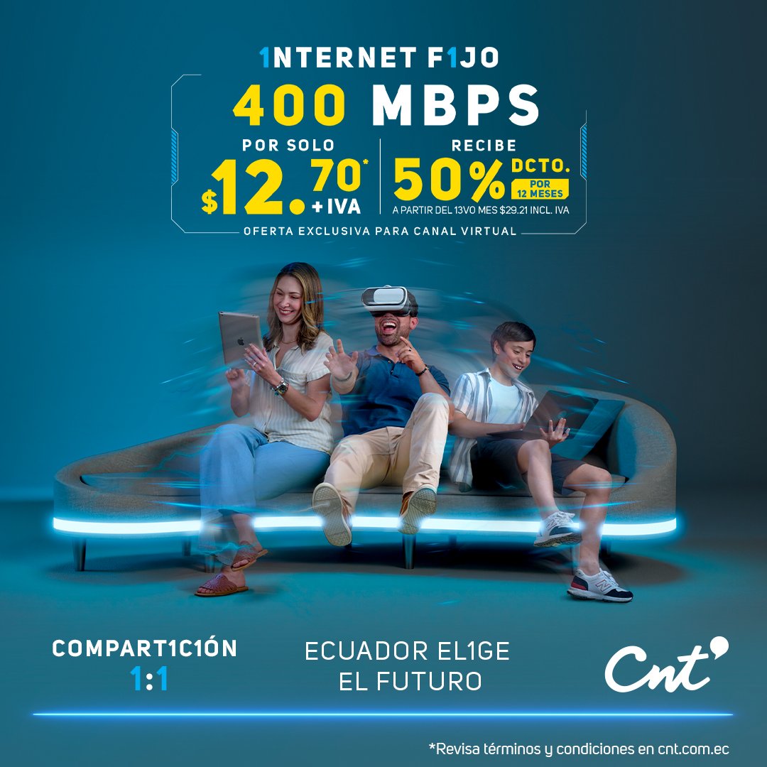 🌐 Con CNT, tu Internet es solo tuyo, con velocidad constante y sin interrupciones. Planes desde $12.70 + IVA y con compartición 1:1. 🛜 Solicítalo ahora y recibe 50% de descuento por 12 meses 👉 bit.ly/MeInteresaUnPl… #EcuadorEl1geElFuturo #cntecuador #cnt