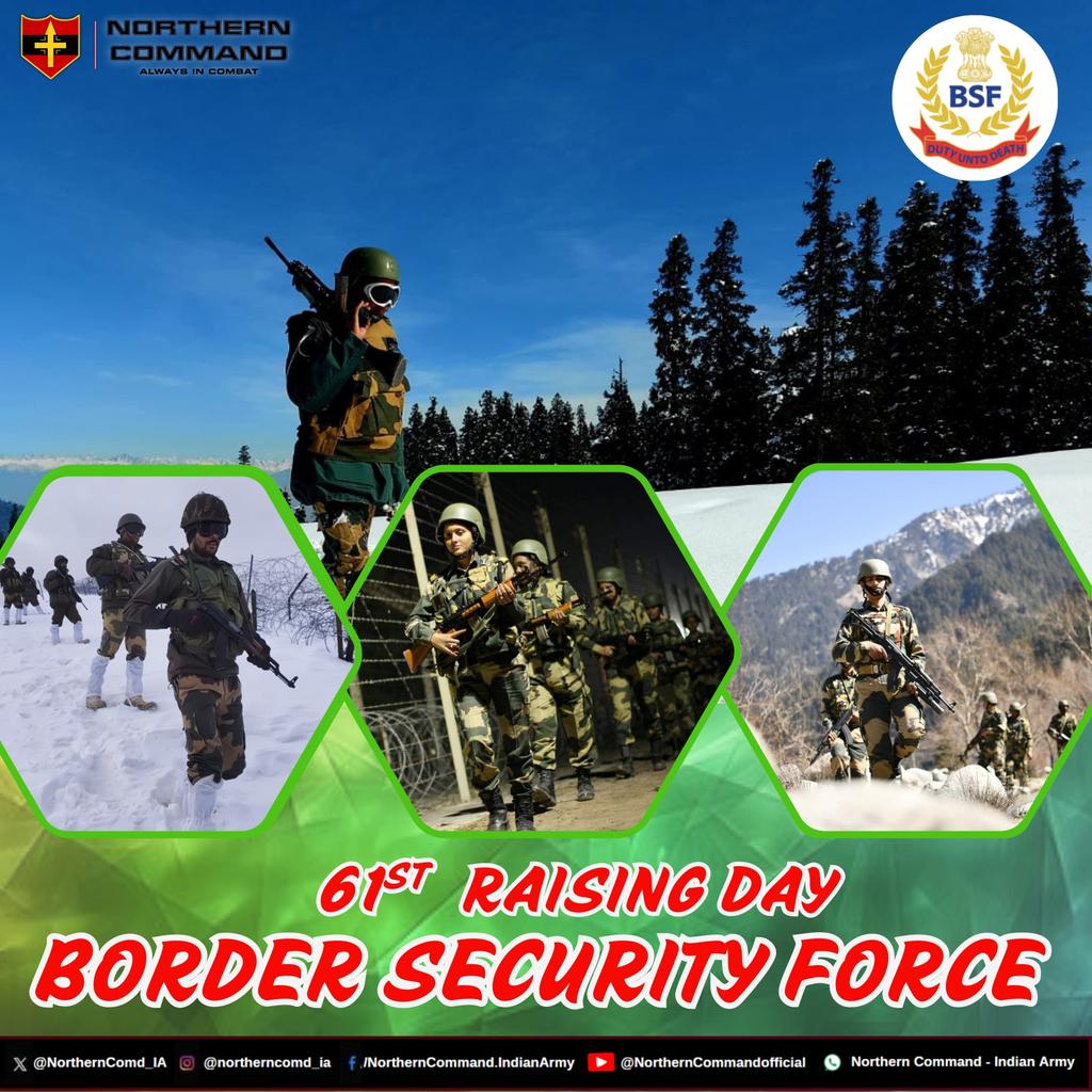 NorthernComd_IA's tweet image. &quot;जीवन पर्यंत कर्तव्य&quot; 

लेफ्टिनेंट जनरल प्रतीक शर्मा, #ArmyCdrNC तथा #NorthernCommand  के सभी रैंक्स #BorderSecurityForce के सभी कार्मिकों और उनके परिवारों को उनकी 61वीं स्थापना दिवस के अवसर पर हार्दिक शुभकामनाएँ एवं शुभेच्छाएँ प्रेषित करते हैं।

&quot;Duty unto Death&quot;

Lt Gen Pratik…