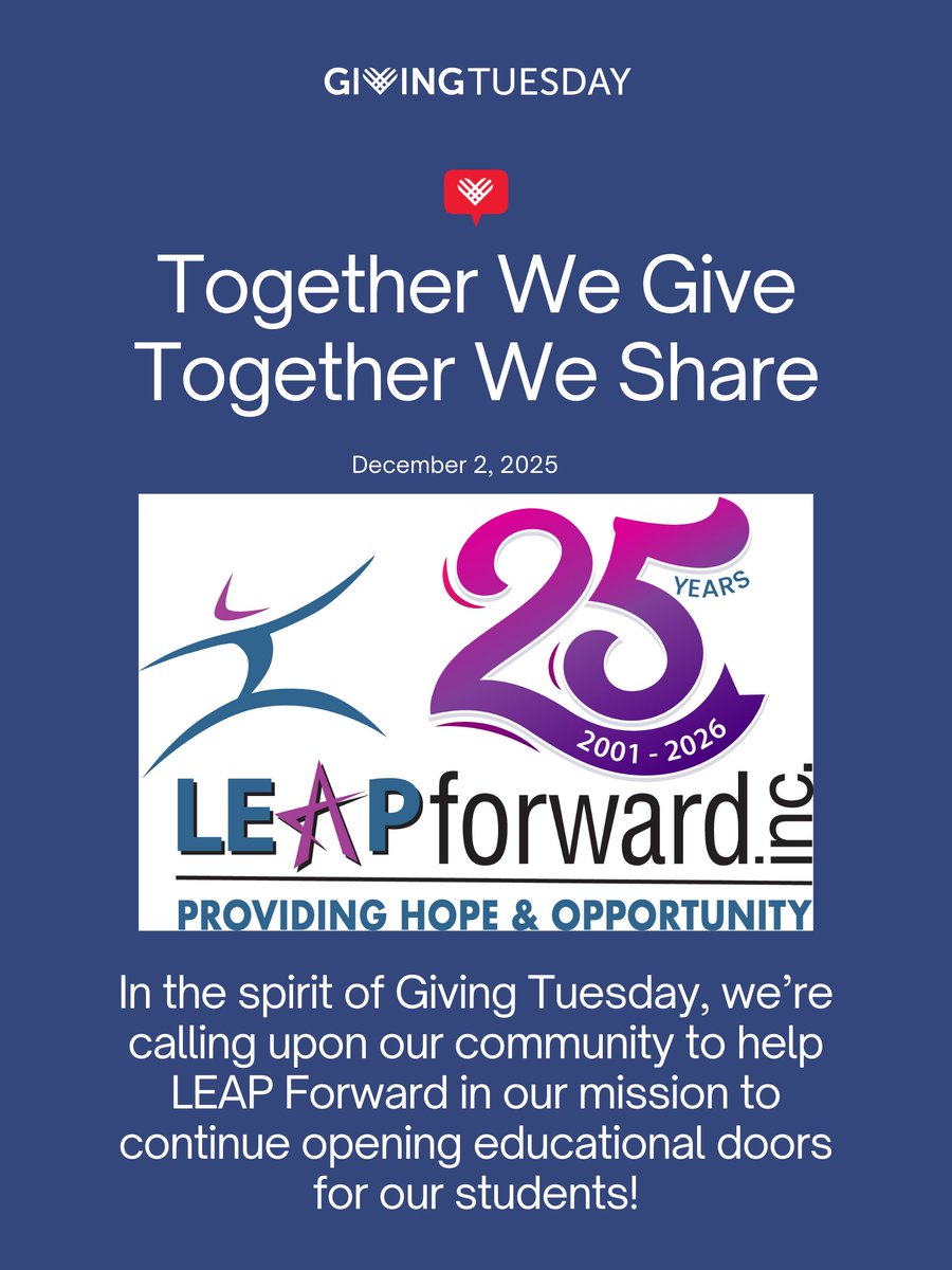 LEAPForwardLEAP's tweet photo. As we approach #GivingTuesday on December 2nd, LEAP Forward is imploring our community to join forces with us to enact positive change for our students! Please consider donating to our campaign and aide in our efforts to provide opportunities for youth seeking higher education.🎓 https://t.co/Y0GODLIBnR