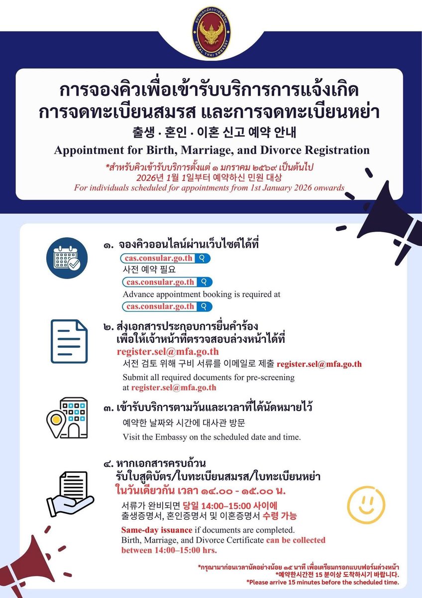 📣 ประกาศ 📣

สถานเอกอัครราชทูต ณ กรุงโซล ขอแจ้งขั้นตอนในการจองคิวเข้ารับบริการหนังสือเดินทาง เอกสารเดินทางฉุกเฉิน (พาสขาว) การแจ้งเกิด การจดทะเบียนสมรส และการจดทะเบียนหย่า  สำหรับผู้ที่จะประสงค์จะเข้ารับบริการตั้งแต่วันที่ ๑ มกราคม ๒๕๖๙ เป็นต้นไป 🙂