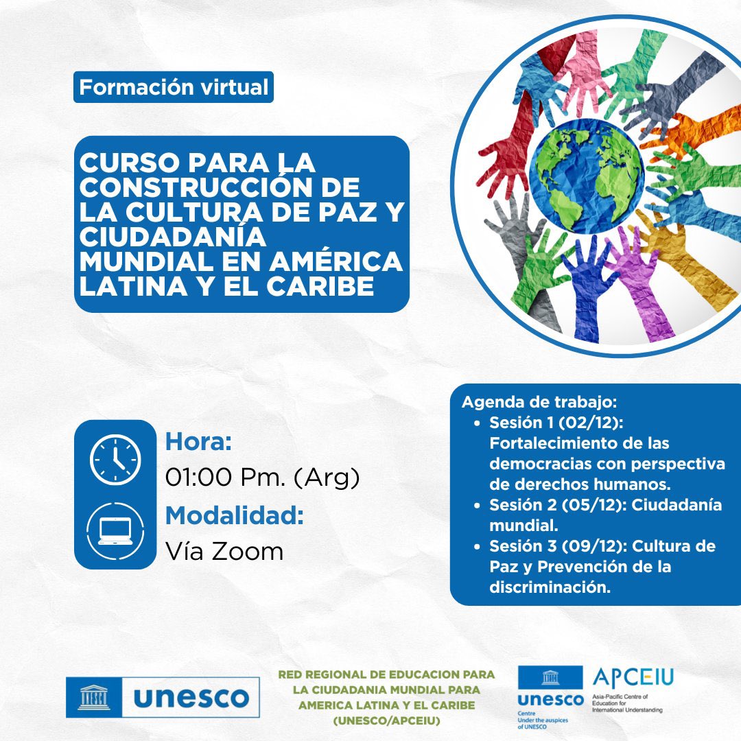 La Red Regional de Educación para la Ciudadanía Mundial para América Latina y el Caribe (UNESCO/APCEIU) invita a participar en un curso de 3 encuentros para abordar los desafíos de nuestras democracias y fortalecer la convivencia pacífica.

📝 Inscripción: docs.google.com/forms/d/e/1FAI…