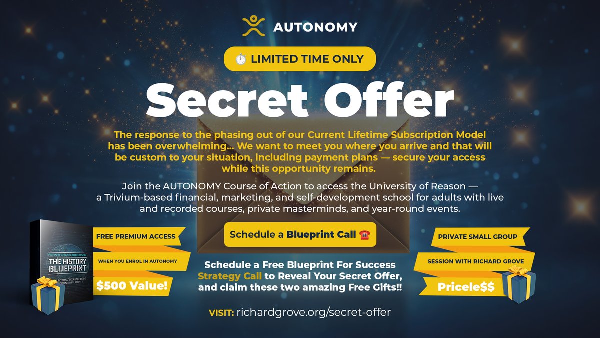 tragedyandhope's tweet image. IT ENDS TONIGHT. 🚨 Midnight is the deadline. The Secret Offer with Custom Pricing + Private Mentorship expires. You won't get this deal tomorrow.

Lock it in now: social.richardgrove.org/secret-offer

#FinalCall #CustomPricing #Autonomy