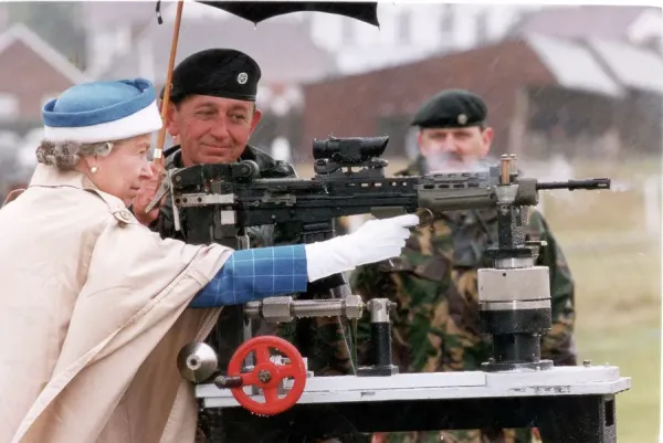 I present to you Queen Elizabeth II shooting a British Army L85 rifle during a visit to a shooting range in Surrey (1993) bang bang