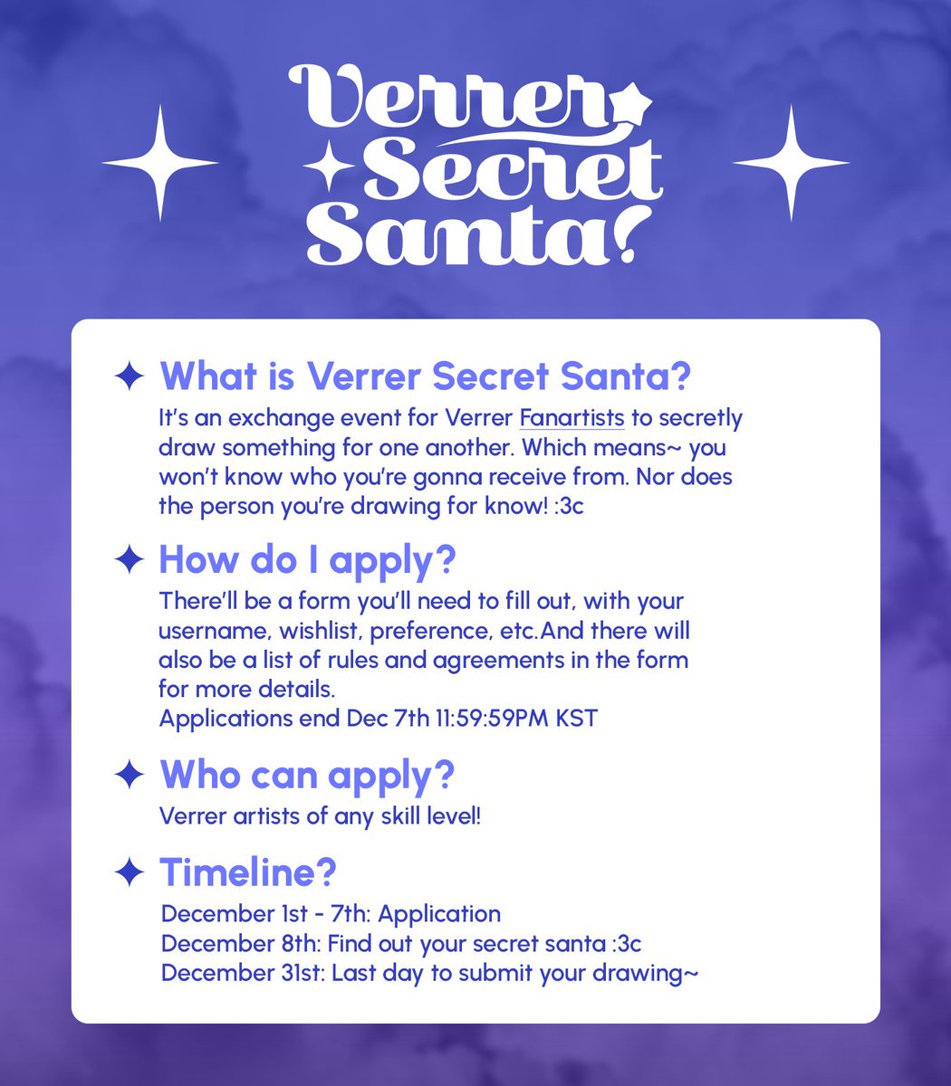 [ VERRER SECRET SANTA 🎁 ] 

End of the year is right around the corner! And what better way is there than to celebrate the fanartists of Verrerdise (❁´◡`❁)

Check the post below for more details~

✨Apply: 
forms.gle/cmZX5tZTQAGmPt…

#베리베리 #VERIVERY