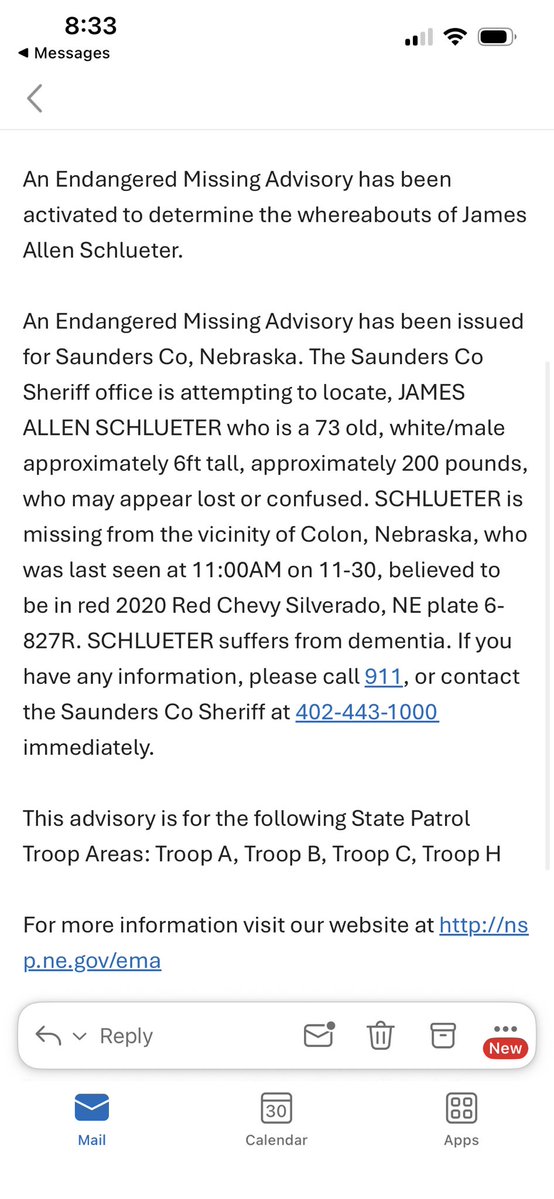 NEStatePatrol's tweet image. ENDANGERED MISSING: Please share

The Saunders Co Sheriff’s Office is attempting to locate James Allen Schlueter, 73, white/male, 6ft tall, 200 pounds, who may appear lost or confused. 

Mr. Schlueter is missing from the vicinity of Colon, Nebraska. He was last seen at 11:00 AM…