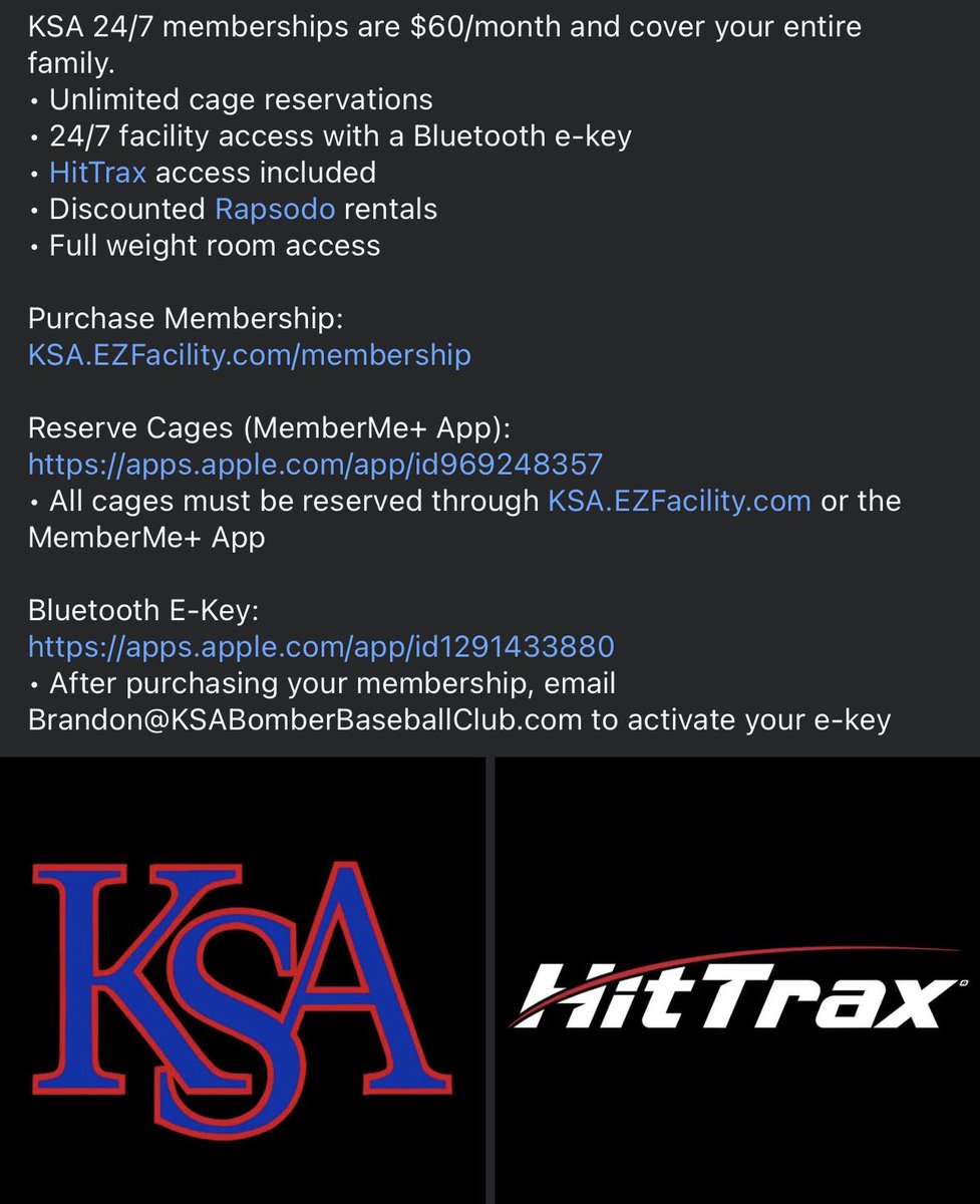 KSA 24/7 memberships are $60/month and cover your entire family.
• Unlimited cage reservations
• 24/7 facility access with a Bluetooth e-key
• <a href="/HitTraxOfficial/">HitTrax</a> access included 
• Discounted Rapsodo rentals
• Full weight room

Purchase Membership:
KSA.EZFacility.com/membership