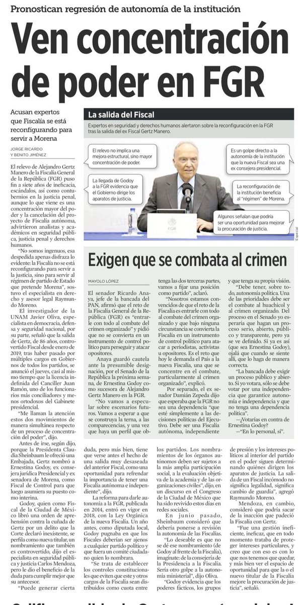 🇲🇽Experts warn that Mexico’s Attorney General’s Office (#FGR) is being reshaped to serve the political interests of Morena after the removal of Alejandro Gertz Manero.
The arrival of Ernestina Godoy is seen as a move that reduces institutional autonomy, concentrates power, and