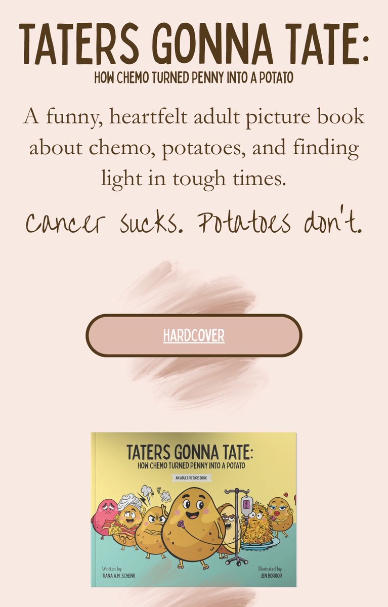 my friend wrote an adult picture book about surviving chemo! 

support her here 💕 
pennythepotato.com