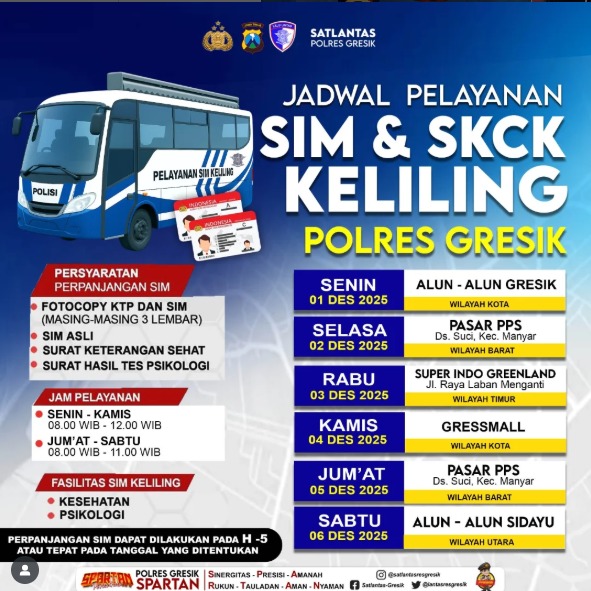 HumasGresik's tweet image. Hallo Rekk!!
Jadwal Sim Keliling untuk pekan ini (1 Desember - 6 Desember 2025) sudah keluar.
Catat tanggal dan lokasinya, ya!
Jangan sampai kelewatan, ya☺️

#simkelilinggresik #gresik #satlantaspolresgresik #polresgresik