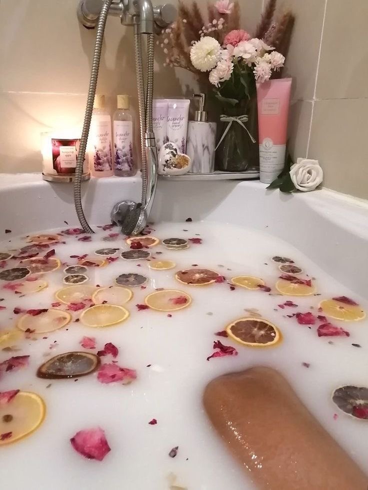 As a bath enthusiast I want to eventually take an aesthetic milk bath with flowers and candles like I see on Pinterest  °❀.ೃ࿔*  &gt;◡&lt;