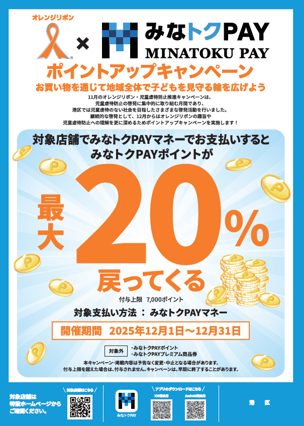 minato_kodomo's tweet photo. 【最大20％ポイント還元】
＃オレンジリボン×＃みなトクＰＡＹ
ポイントアップキャンペーン　実施！

◆開催期間
令和７年12月1日（月）から12月31日（水）まで
◆対象
みなトクＰＡＹマネーでお買いものをした方
◆還元率
最大20％

詳しくは🔽
https://t.co/cm2m5FBeKS

#子ども家庭支援センター https://t.co/NrfhewkaC9