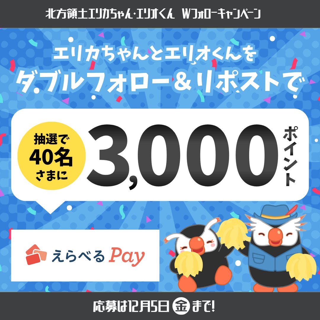 hoppou_erio's tweet photo. ＼本日まで！／
北方領土エリカちゃん・エリオくんをWフォロー＆リポストで

えらべるPay 3,000ポイントが40名様に当たる！

応募はカンタン！✨
①@hoppou_erio をフォロー
②@hoppou_erika をフォロー
③この投稿をリポスト！

期間は本日まで！
ご応募待ってるぜ♪ https://t.co/GIp1CCwq1V