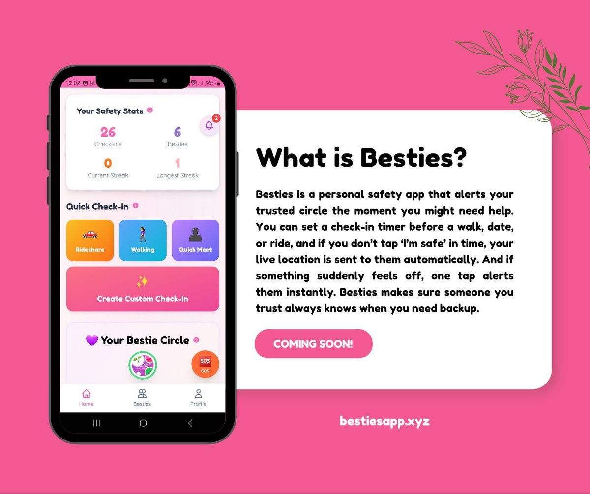 Bestiesapp_'s tweet photo. One night, my friend went on a date and never checked in. Hours later, panic set in. That’s why I'm building Besties - one-tap alerts &amp; check-in timers to make sure someone you trust always knows when you need help! https://t.co/2wqKW8M4LI