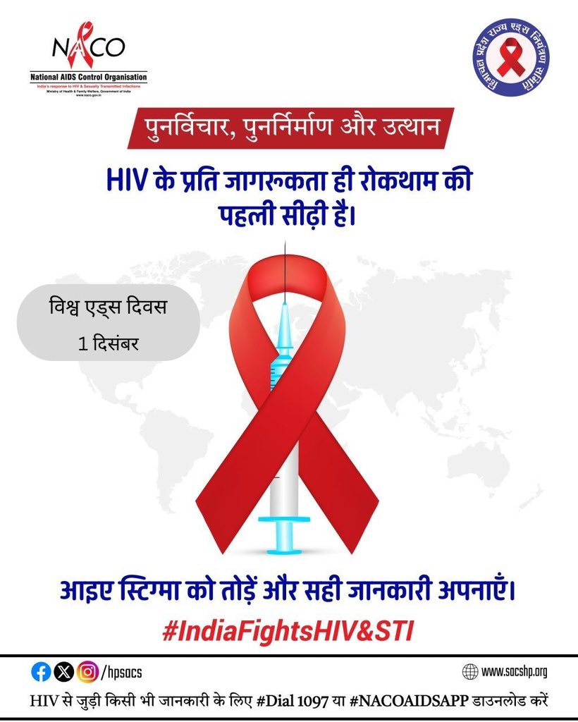 hpsacs's tweet image. HIV के प्रति जागरूकता ही रोकथाम का सबसे मजबूत आधार है।
इस विश्व एड्स दिवस पर आइए पुनर्विचार, पुनर्निर्माण और उत्थान के संकल्प के साथ आगे बढ़ें—
स्टिग्मा तोड़ें, सही जानकारी अपनाएँ, और HIV के खिलाफ लड़ाई को मजबूत बनाएं।

#IndiaFightsHIV&amp;amp;STI