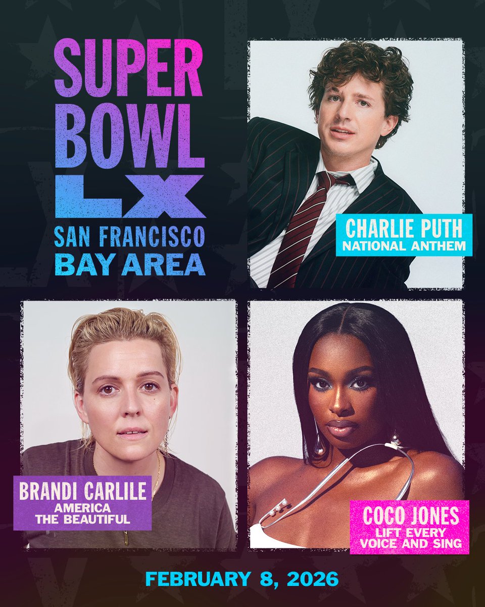 NFL's tweet image. CATCH @charlieputh, Brandi Carlile, and @TheRealCocoJ in Santa Clara February 8th 2026!! #SBLX @applemusic @rocnation @SNFonNBC