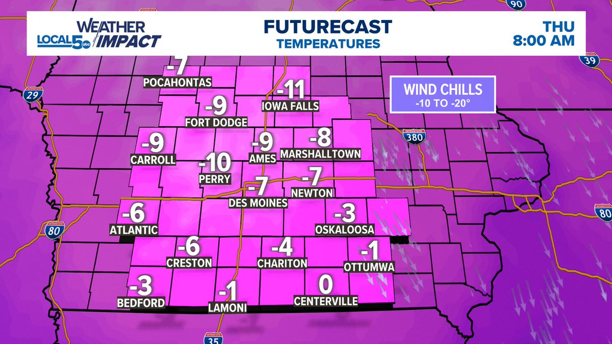 ChrisKuball's tweet image. A potent cold front dips through on Wednesday.  Temps look to take their first trip below zero for Thursday morning.  Wind Chills drift towards -10 to -20° too.  Hello Winter! #IAWX #WindChill