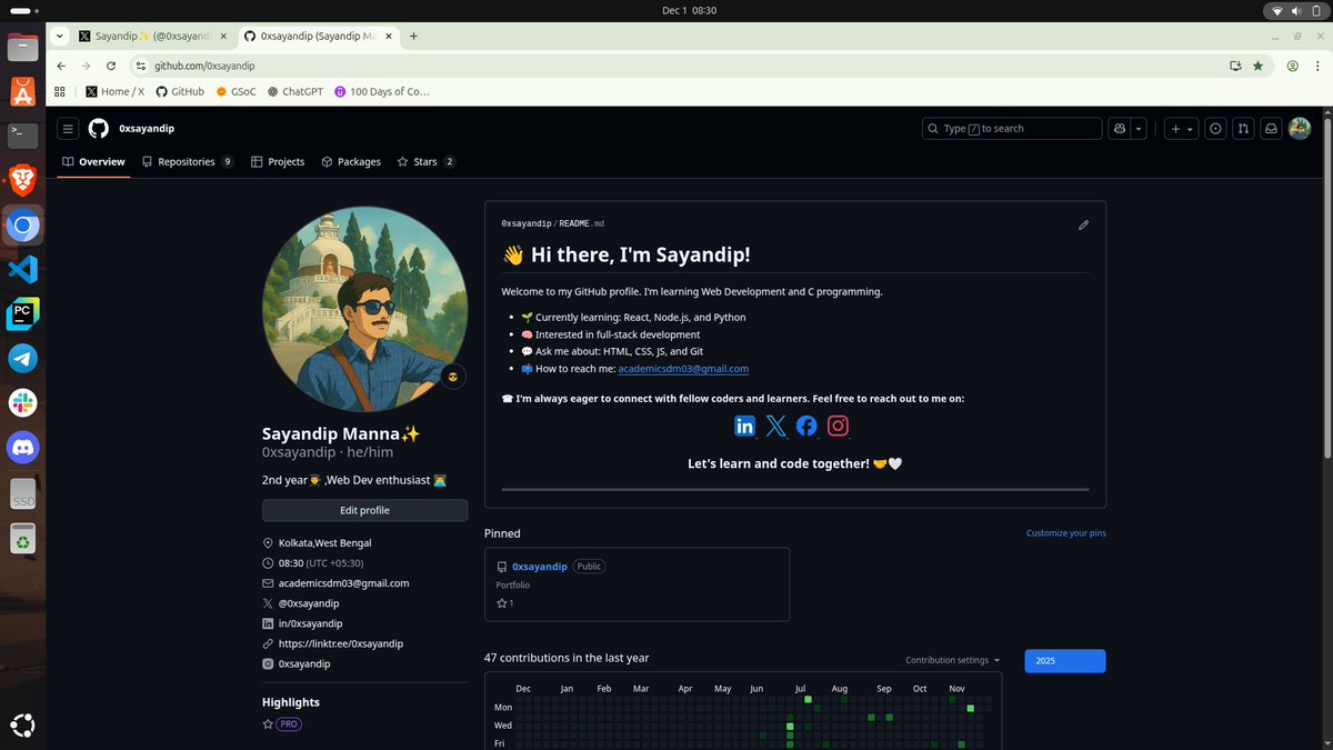 0xsayandip12's tweet image. Good Morning everyone🌄🌄🌄
Today being the first day of the last month of 2025😃
I am starting a 31 days of coding challenge to prove myself that I can be consistent🎯🎯🎯
I will be learning Python 🙃
#buildinpublic #31daysofcode #ConsistencyWins #CodingJourney #codingchallenge
