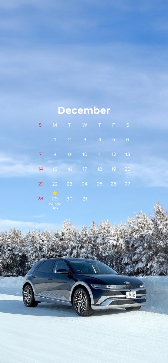 Hyundai_japan's tweet image. 12月のカレンダーをお届け📅
\ 冬景色を超えて、その先へ⛄️❄️/

澄んだ空気に、静かに走り出す。
IONIQ 5と迎える今年の冬は、きっと特別になる。

🔗壁紙の車両情報はこちら
hyundai.com/jp/ioniq5?utm_…

#ヒョンデ #IONIQ #EV #電気自動車