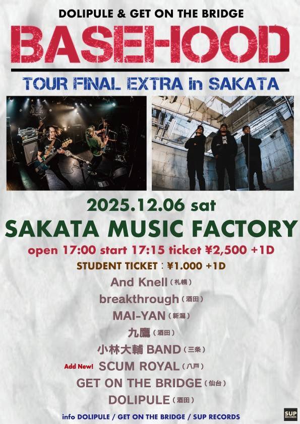 ak47official_'s tweet photo. 【12月ライブ情報】
12月6日（土）
酒田MUSIC FACTORY
DOLIPULE &amp; GET ON THE BRIDGE pre.
"BASE HOOD"

12月20日（土）
札幌KLUB COUNTER ACTION
HOOK UP pre.
"大暴年会"

どちらもチケット予約受付中です！
https://t.co/ZPhvY2LqXc
DMやリプでもOKです！

サブスクも是非チェックして下さい！ https://t.co/0MjQYEN74B