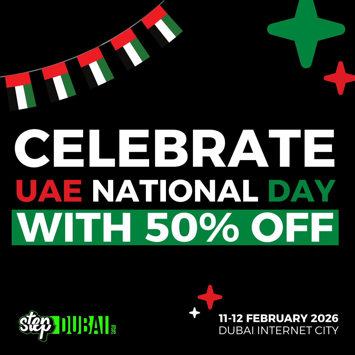 stepconference's tweet image. 🇦🇪 Happy Eid al Etihad!
Celebrating 54 years of unity and ambition - with 50% off Master Passes to Step Dubai 2026!

🔑 Use code ND50.
⏳ Ends midnight Tuesday.

Celebrate the future…for half the price → bit.ly/48gN1Co