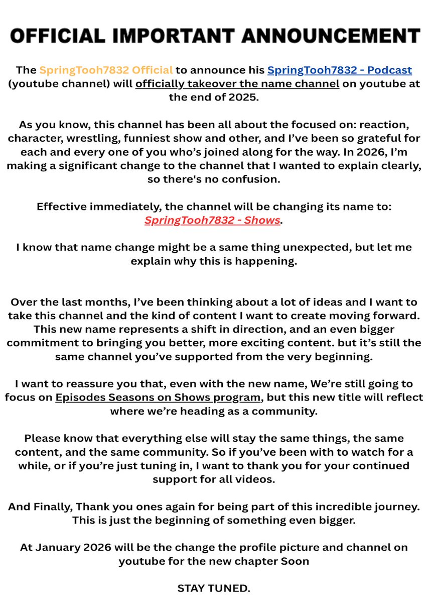 Springtooh7830's tweet image. THE OFFICIAL IMPORTANT ANNOUNCEMENT FROM SPRINGTOOH7832 - PODCAST‼️