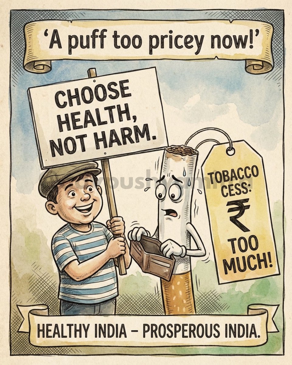 This isn’t about paying extra, it’s about thinking twice.
A tobacco cess that simply says:
“Choose health, not harm.”
Stronger choices build a stronger Nation. 🇮🇳

<a href="/PMOIndia/">PMO India</a> <a href="/narendramodi/">Narendra Modi</a> <a href="/AmitShah/">Amit Shah</a> <a href="/PiyushGoyal/">Piyush Goyal</a> <a href="/nsitharaman/">Nirmala Sitharaman</a> <a href="/GST_Council/">GST Council</a> <a href="/CimGOI/">Minister of Commerce and Industry</a> 
#tobaccocess #cess