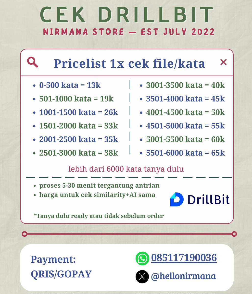 hellonirmana's tweet photo. 📝 — CEK DRILLBIT 

Cocok untuk mahasiswa UT yang lagi ngerjain karil atau karya ilmiah ✨ karena mereka menggunakan drillbit untuk cek hasil skor similarity dan juga AI. 

ordernya bisa kesini: 
☎️ : https://t.co/VK0sGA8HSO
Testimoni cek: https://t.co/kASOxXbbD1 https://t.co/7MkumBUVhk