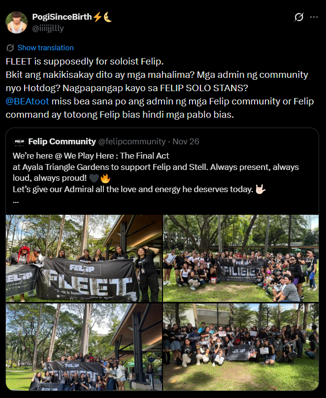 can't reply nor qrt coz blocked ako but...

why is that a big problem for you? the fact that they support ken &amp; felip is already a good thing. why factor in such technicalities na matagal na niyang inadress? FLEET is our collective name &amp; space (1/?)