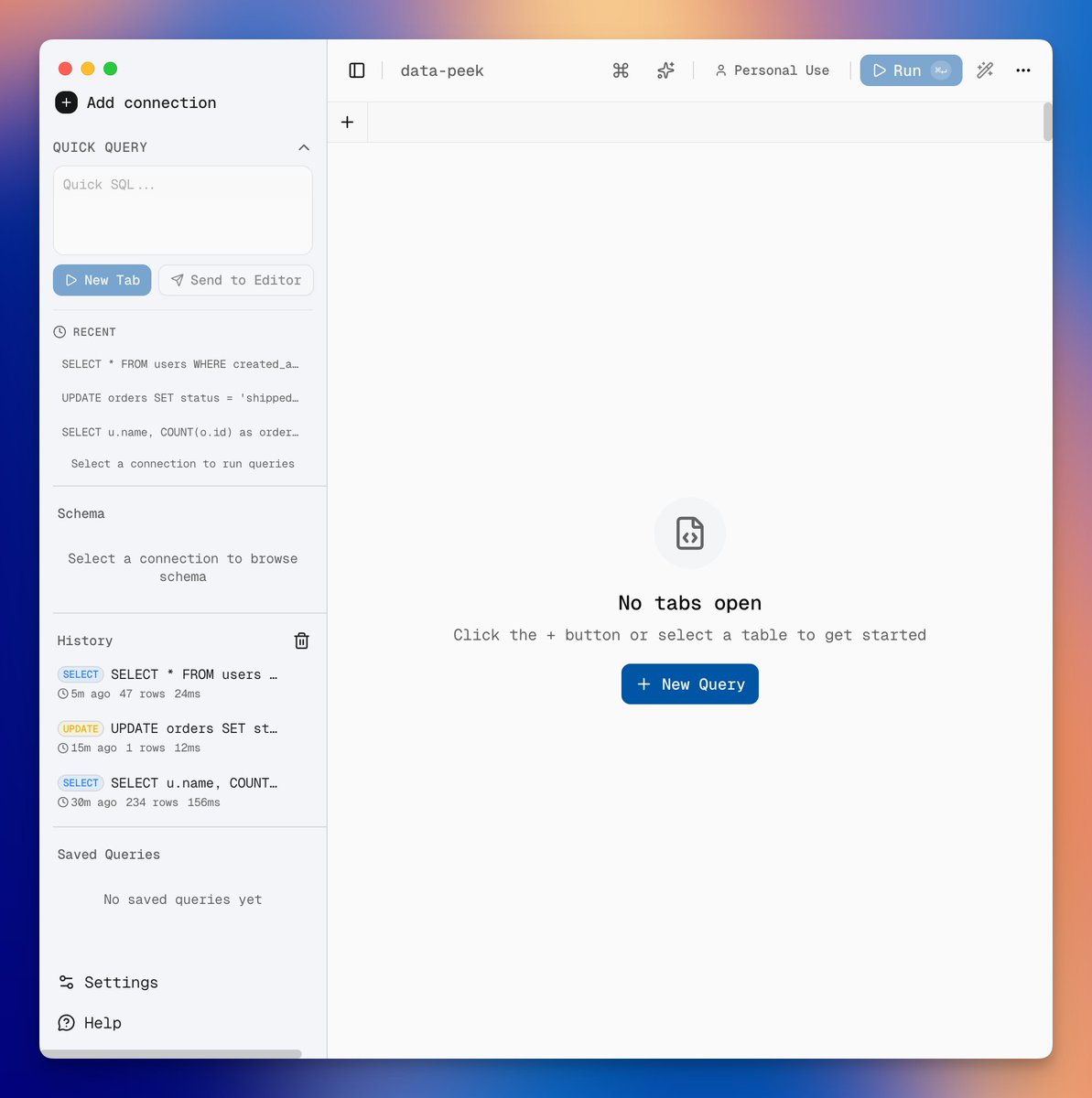geekbb's tweet image. data-peek 一个极简、快速的 PostgreSQL 数据库客户端，帮助开发者在不需要臃肿功能的情况下，能迅速查看和操作他们的数据(个人使用免费)

-支持 PostgreSQL、MySQL 和 SQL Server
-高性能启动时间低于2秒 内存占用很低
-内置了 Monaco 编辑器  支持 SQL 语法高亮和自动补全

github.com/Rohithgilla12/…