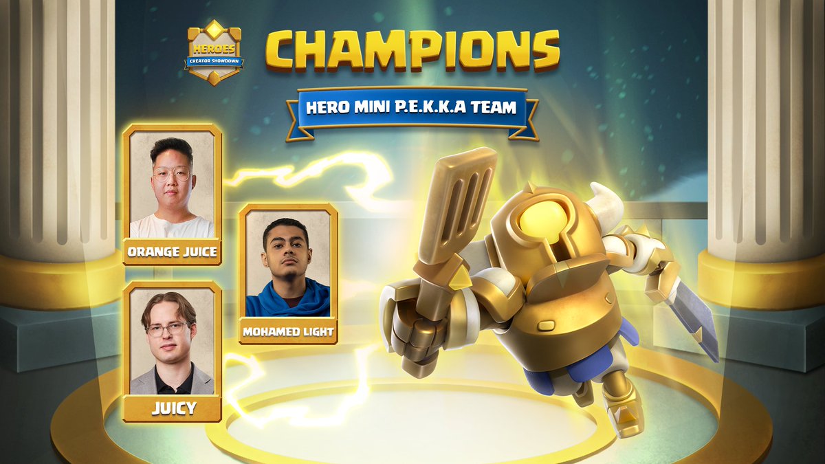 EsportsRoyaleEN's tweet image. Team Hero Mini P.E.K.K.A took the win in the Heroes: Creators Showdown 🏆

Congratulations to @OrangeJuice , @MohamedLightCr1  &amp;amp; @JuicyCR_ for the heroic win🥳