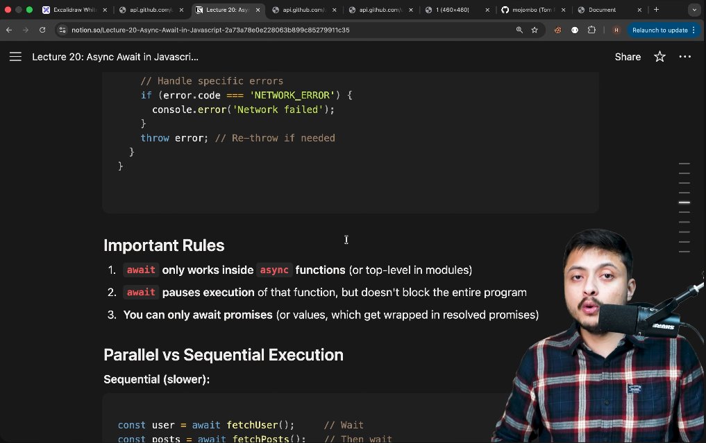 manojdev_4712's tweet image. Day 34 of Web Dev 

async = always returns a Promise

await = pause until resolved (clean &amp;amp; readable)

try/catch = handle all errors elegantly

Promise.all() = run tasks in parallel

fetch doesn&apos;t reject on 404/500, check response.ok 

#Day34 #JavaScript #AsyncAwait