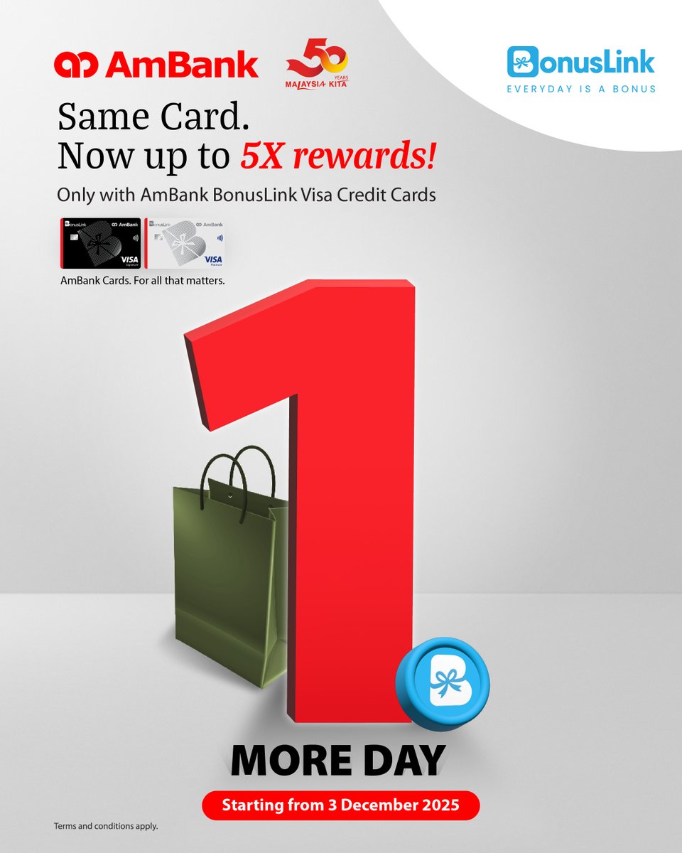 ✨ 1 DAY LEFT! ✨From 3 December 2025, earning BonusLink Points gets faster and simpler on all your everyday purchaseswith the AmBank BonusLink Visa Credit Cards💳 Plus, a special welcome offer awaits when you apply, activate and spend!😎Learn more at ambank.com.my/BL