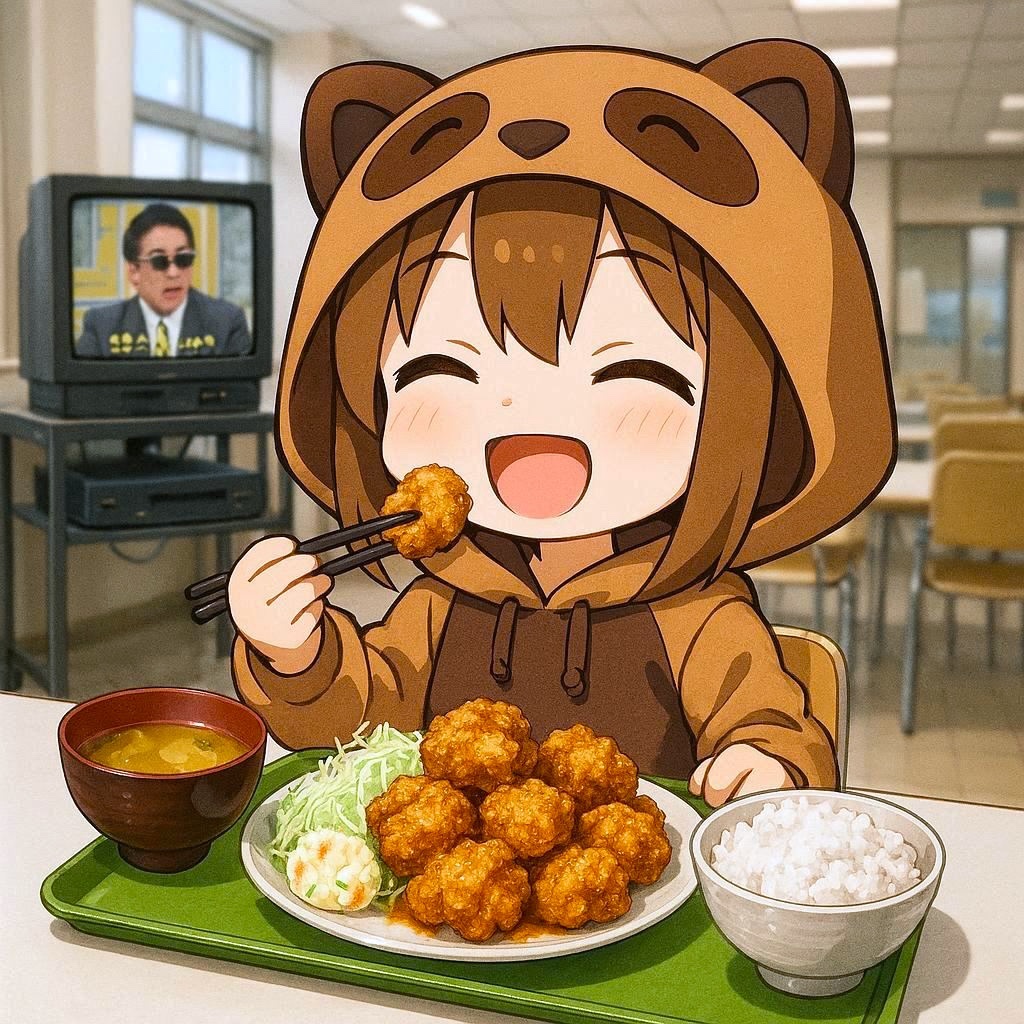 akagi401's tweet image. 今日の会社の食堂の定食はから揚げ定食たぬ。
実際はこんなにたくさん乗っていなくて、せいぜい５個たぬ。
味噌汁もサーバー方式になって温かみが低下したたぬね〜