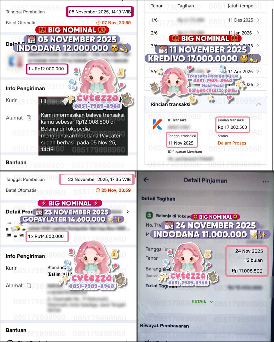 🥨 ₊˚ෆ 𝗥𝗘𝗞𝗔𝗣 #nombesarbyzaa   ₊˚ෆ 🥨 
(𝘛𝘳𝘢𝘯𝘴𝘢𝘬𝘴𝘪 ≥ 10.000.000) 

─── 📆 𝙉𝙤𝙫𝙚𝙢𝙗𝙚𝙧 𝟤𝟢𝟤𝟧 ───

🏷️ Kredivo — 𝟏𝟎.𝟎𝟎𝟎.𝟎𝟎𝟎
🏷️ Indodana — 𝟏𝟏.𝟎𝟎𝟎.𝟎𝟎𝟎
🏷️ Indodana  — 𝟏𝟐.𝟎𝟎𝟎.𝟎𝟎𝟎
🏷️ Kredivo  — 𝟏𝟑.𝟎𝟎𝟎.𝟎𝟎𝟎
🏷️ Gopaylater  —