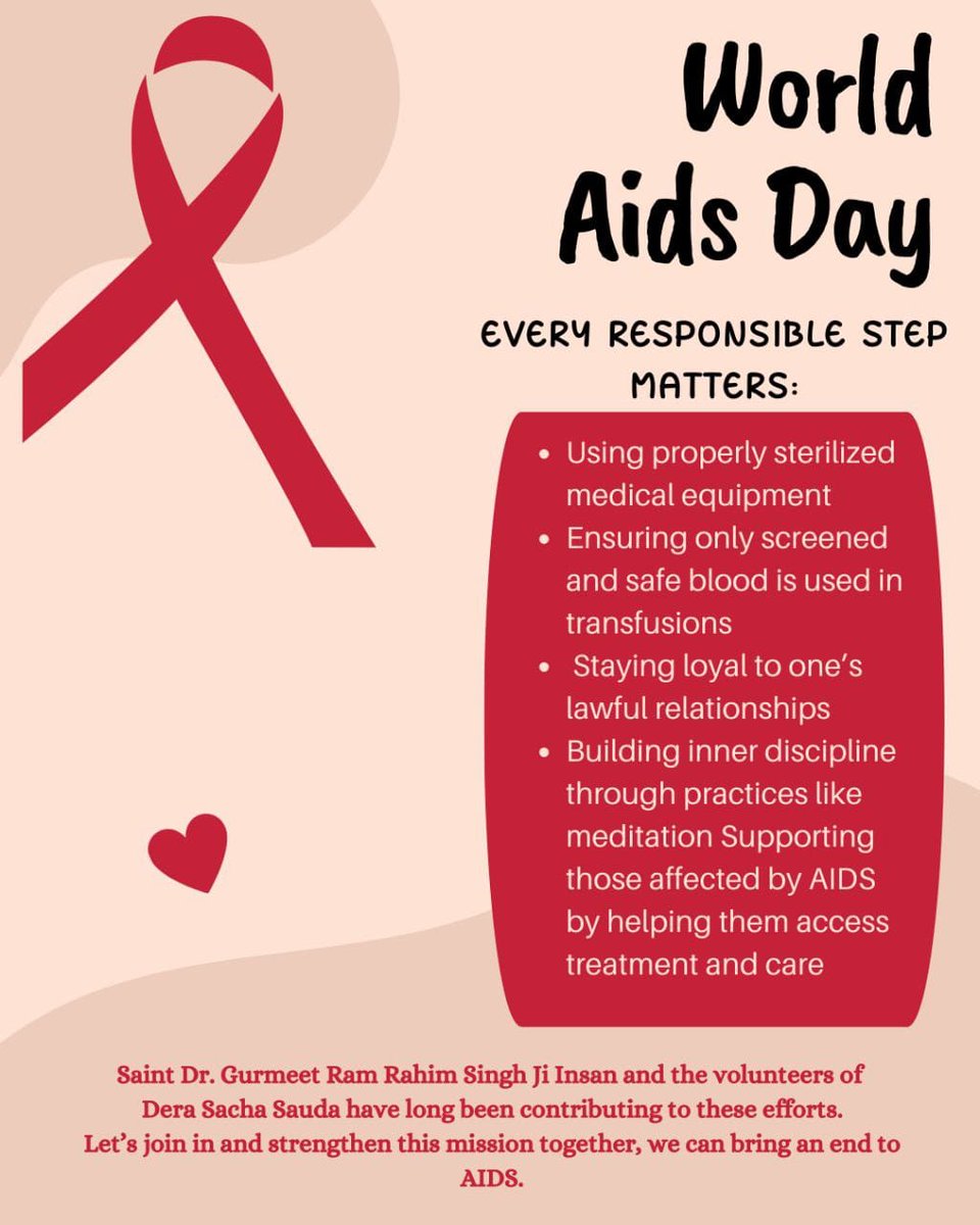 Hans_pal_'s tweet photo. On December 1st #WorldAIDSDay celebrated to make people aware.‌Saint Gurmeet Ram Rahim Singh &amp; Dera Sacha Sauda volunteers have long been contributing to these efforts. Guru ji said that practice of meditation not only help in stay calm &amp; compose but enable better life decisions https://t.co/Wd2as1G6P4