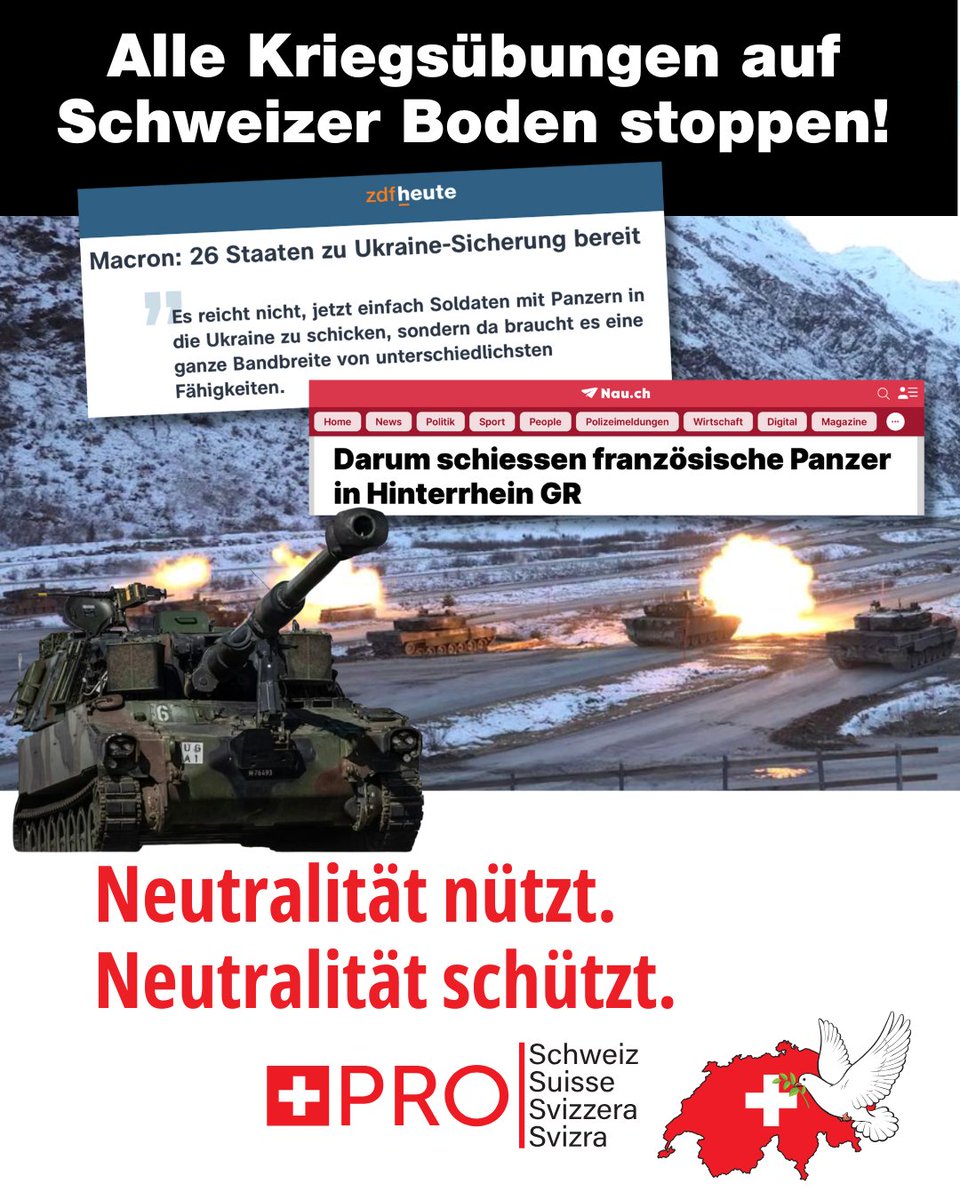 NeutrJaCH's tweet image. Die #EU bereitet sich auf den «grossen Krieg» vor. Frankreichs Präsident Macron hat vor, Truppen und Panzer in die #Ukraine zu senden. Und französische Panzer machen nun «Übungen» in der #Schweiz. Das ist kein Zufall und gegen die #Neutralität! #Neutralitätsinitiative