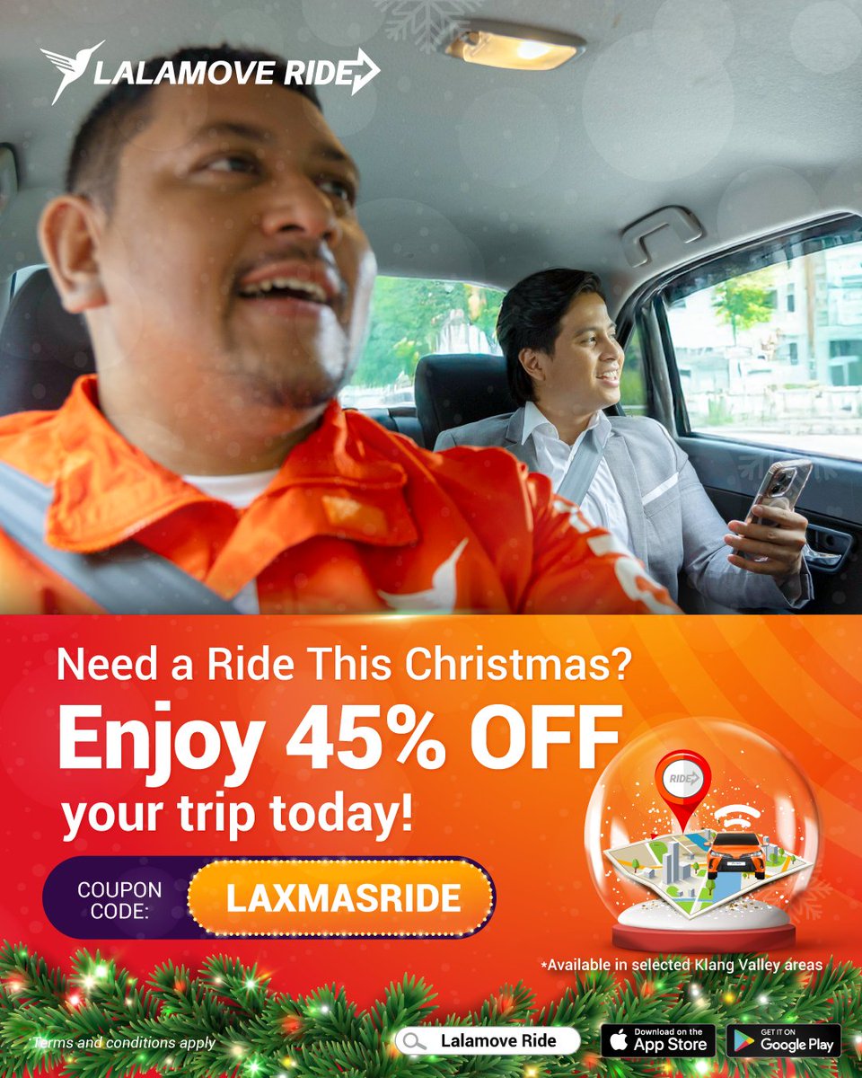 Christmas parties? Makan sessions? Reunions? 🎄🍽️

Hop in with 45% off your ride. Just use the code [LAXMASRIDE]

#lalamove #lalamoveride #ehailing #ehailingpromo #discount #ridediscount #klangvalley #christmas