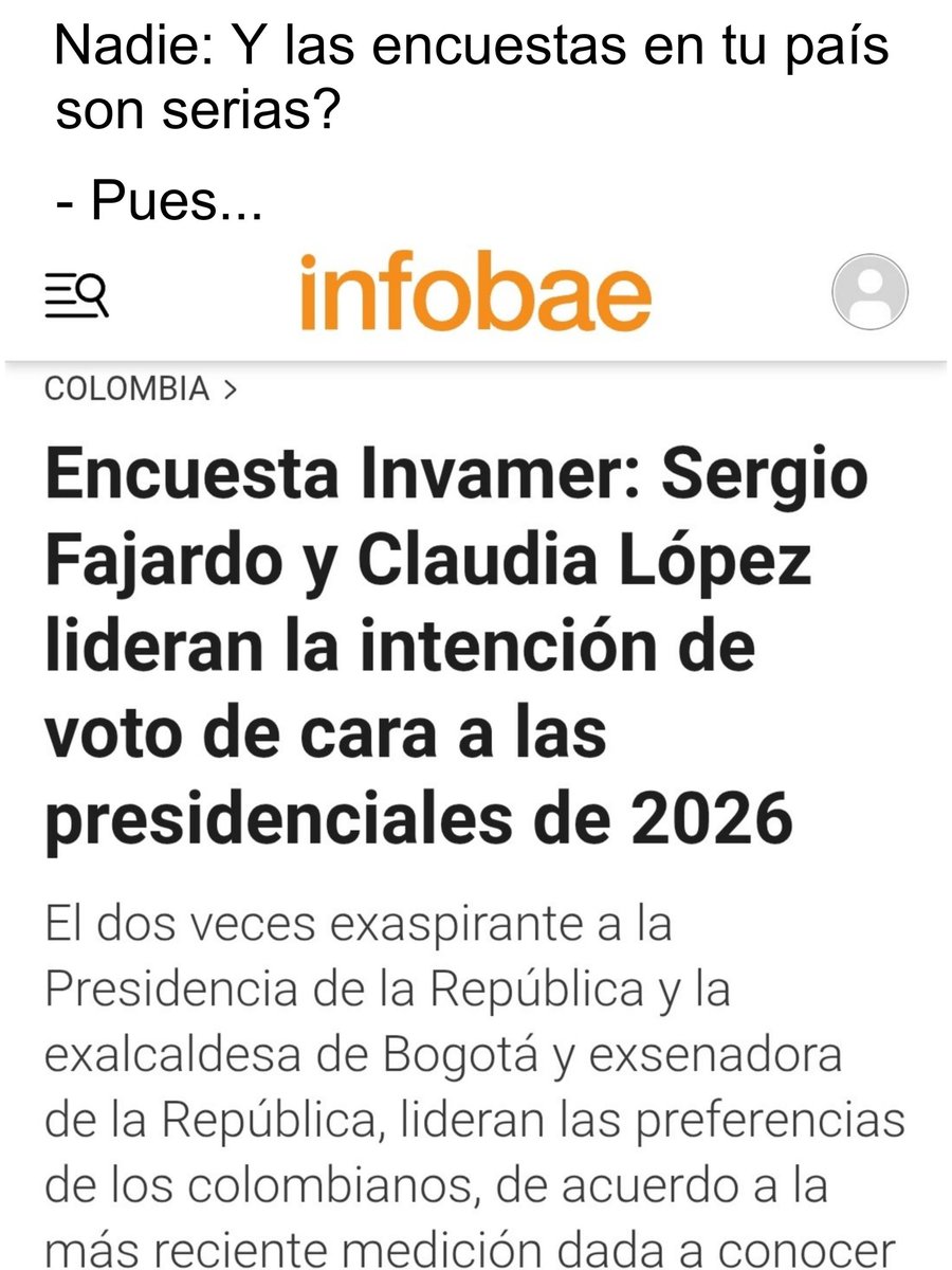 Sale la nueva encuesta de Invamer 🤢🤮, la misma firma que cada cuatro años intenta fabricar un campeón de papel... y, qué casualidad, vuelve y pone a Sergio Fajardo en la punta.

El “candidato eterno” de Invamer repite el libreto: En 2017 lo inflaron → perdió en 2018, en 2022
